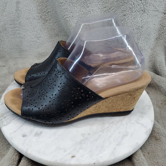 Clarks Shoes Womens Size 9 Black Leather Helio Corridor Wedge Sandals - Picture 1 of 10